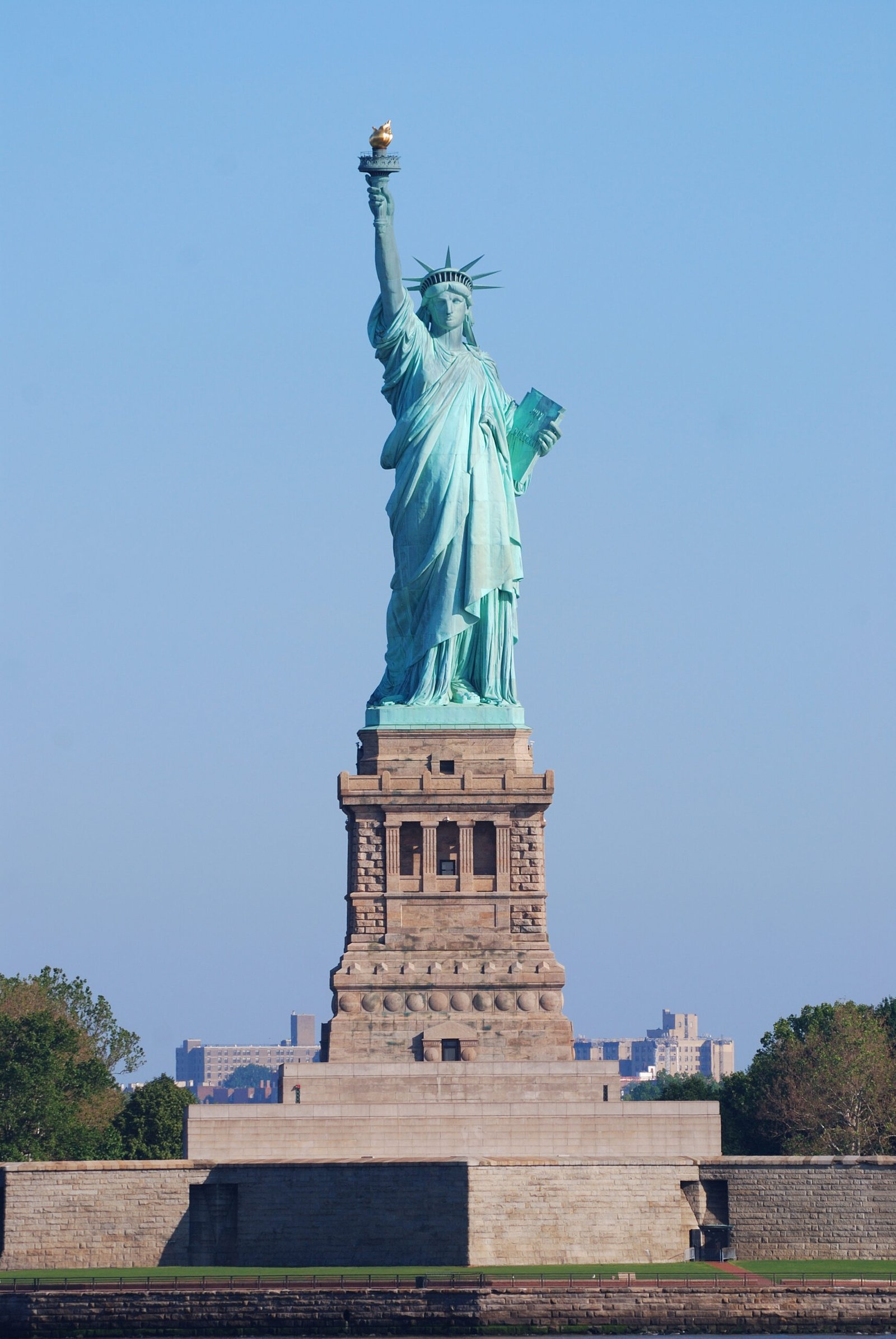 Statue of Liberty closeup as American landmark in New York City Manhattan over Hudson River